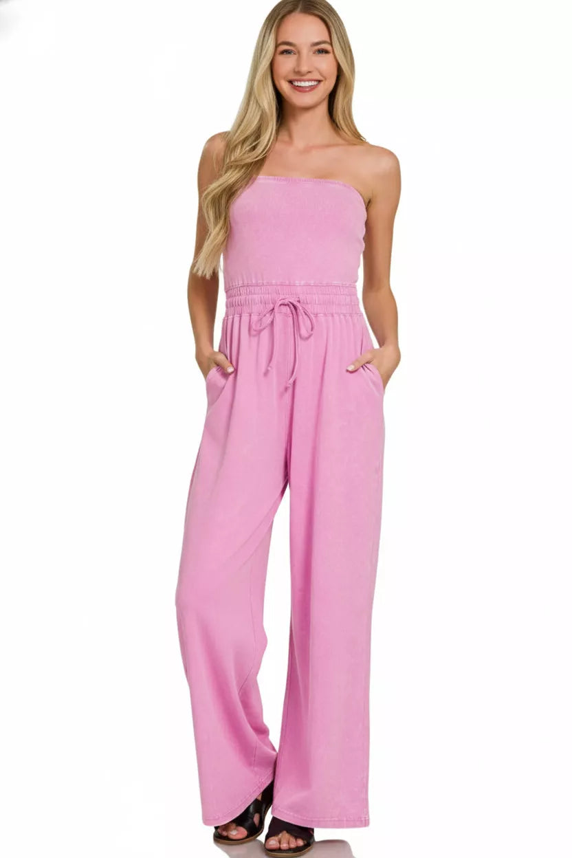 Acid Washed Strapless Tube Top Jumpsuit ZENANA