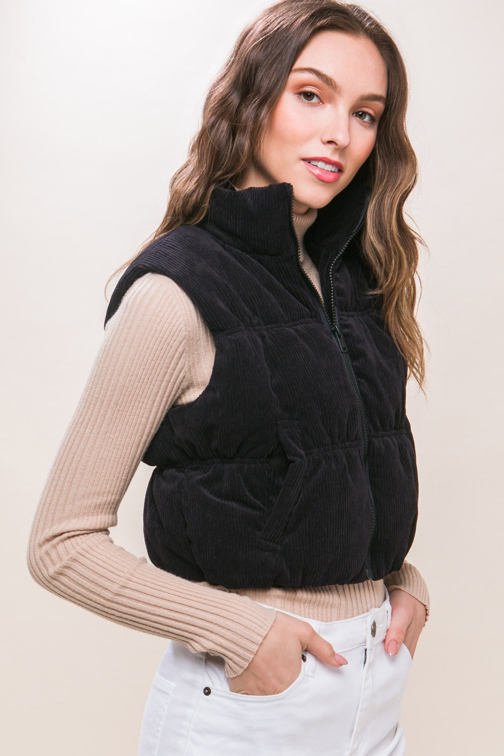 Corduroy Zip Up Puffer Vest with Pockets Love Tree   