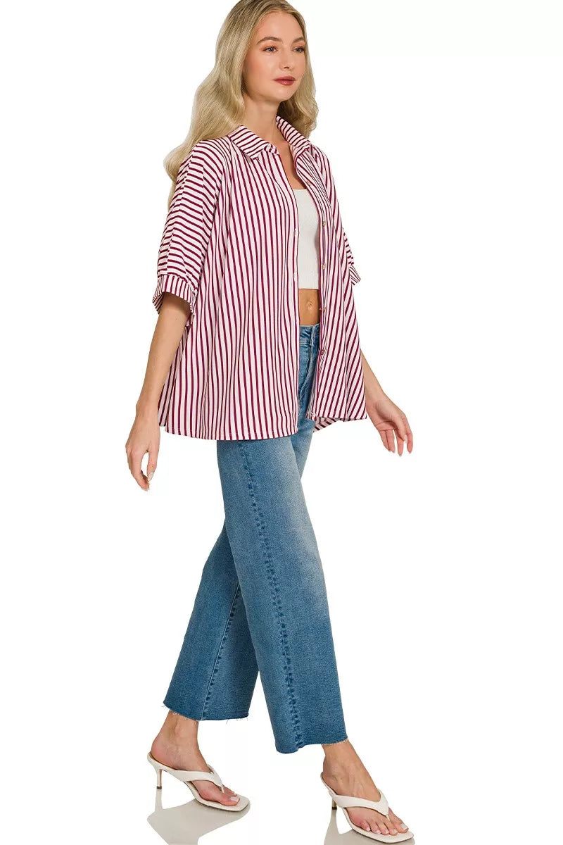 Oversized Stripe Button Down Shirt ZENANA