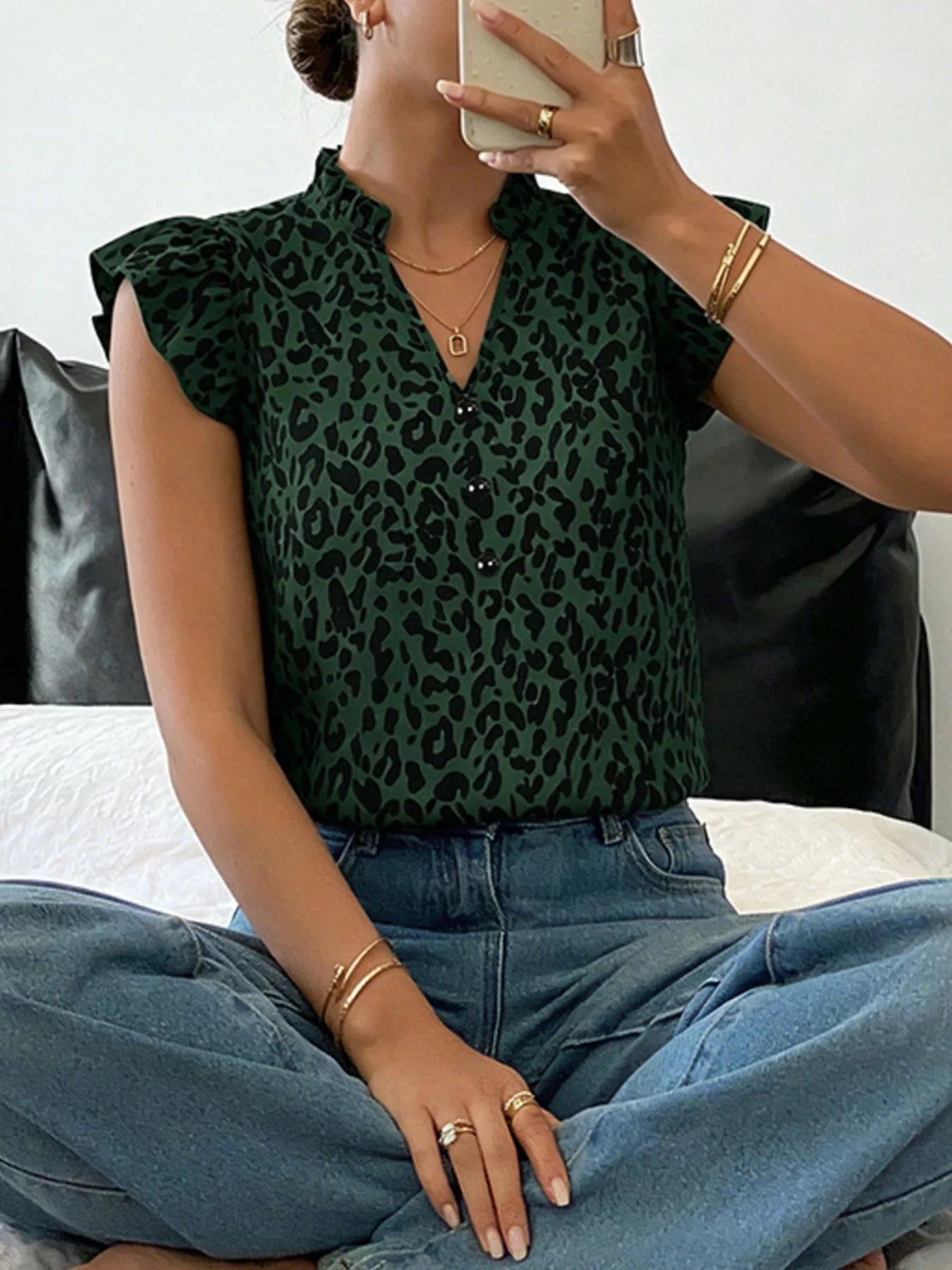 Leopard Print Ruffle Sleeve Blouse Simmer & Fay