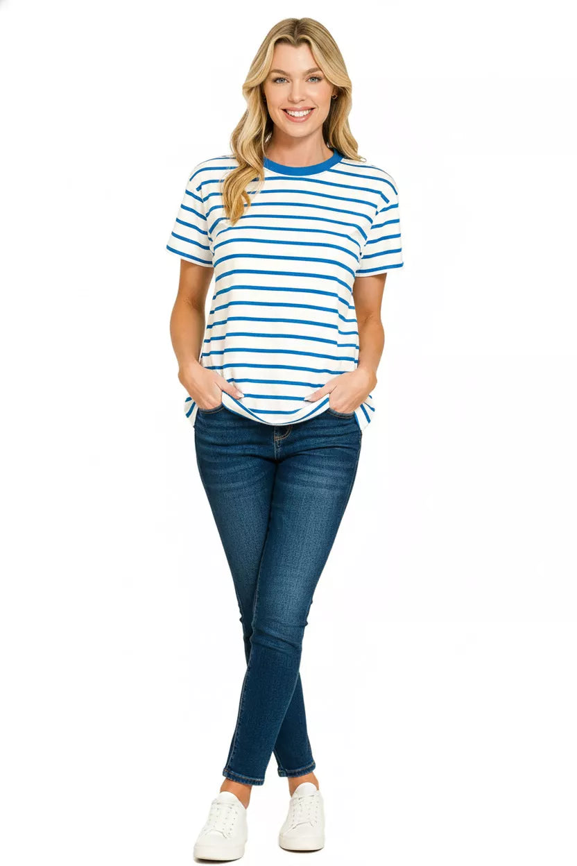 Striped Round Neck Short Sleeve T-Shirt ZENANA
