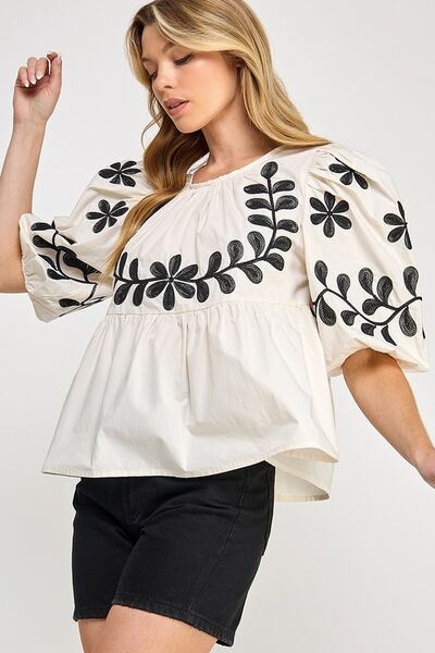 Puff-Sleeve Embroidered Peplum Blouse Sage + Fig