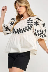 Puff-Sleeve Embroidered Peplum Blouse Sage + Fig