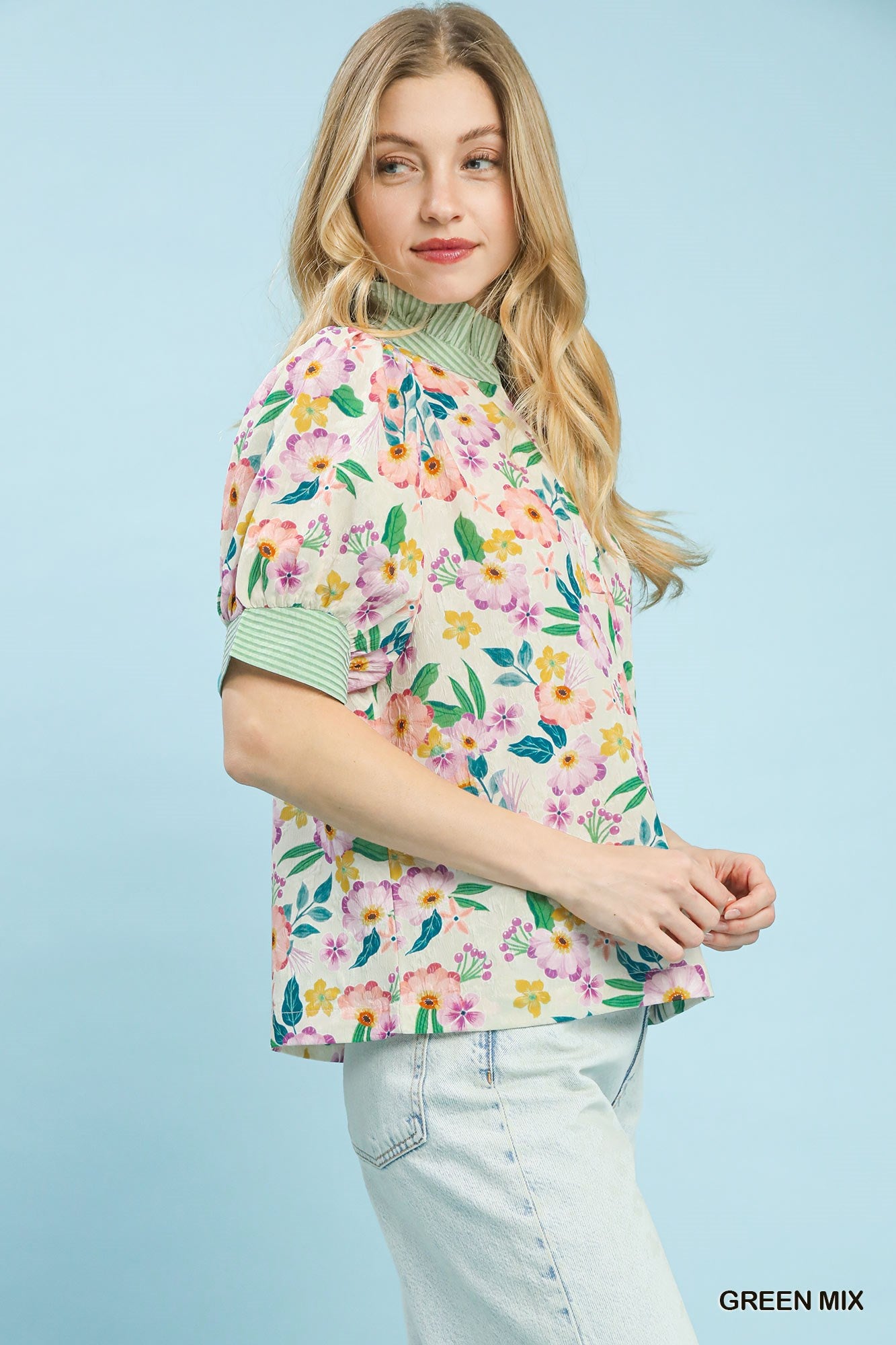 Floral Print Jacquard Ruffle Top Umgee