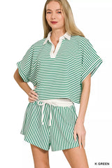 Striped Collared Top & Shorts Set ZENANA K GREEN S