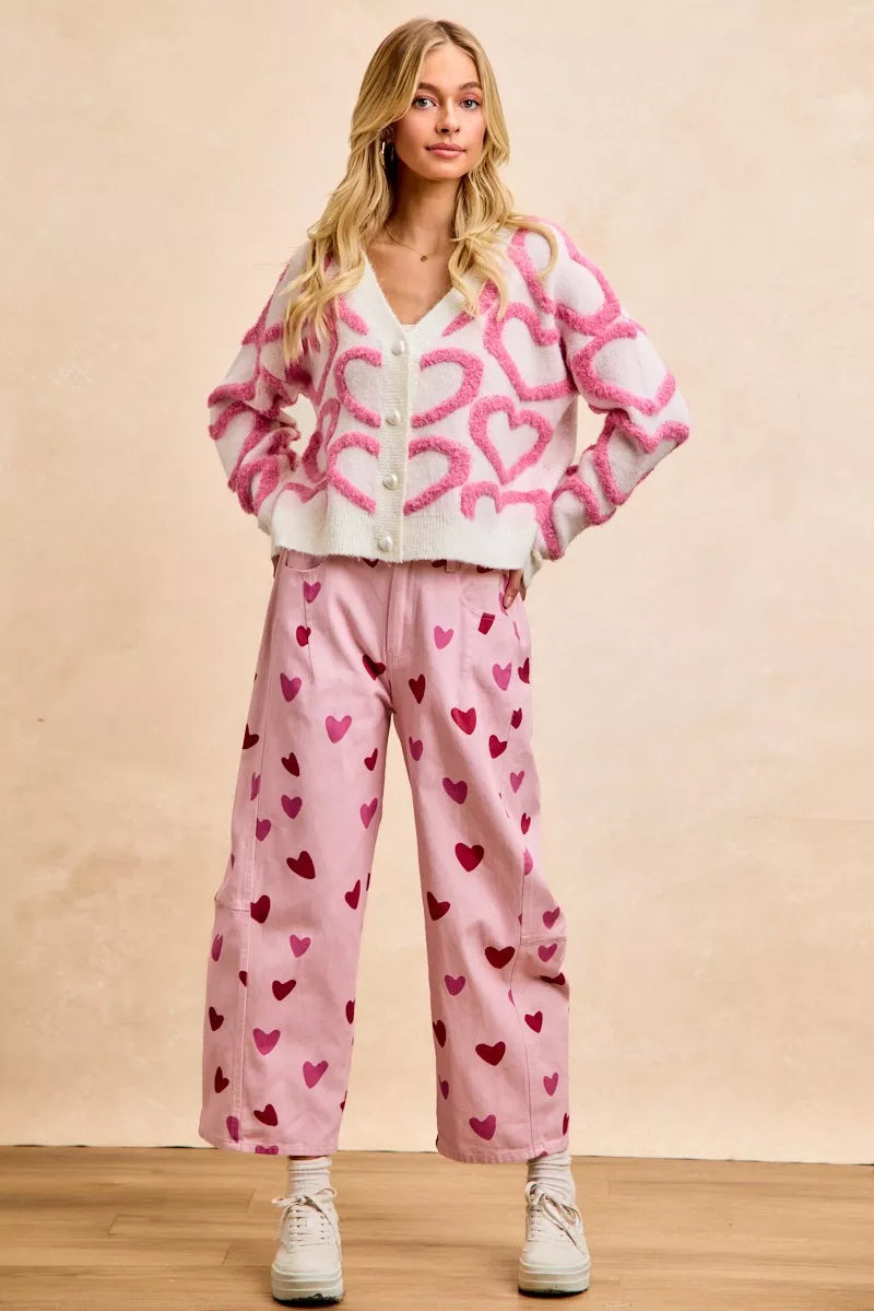 Textured Heart Buttoned V Neck Cardigan BiBi