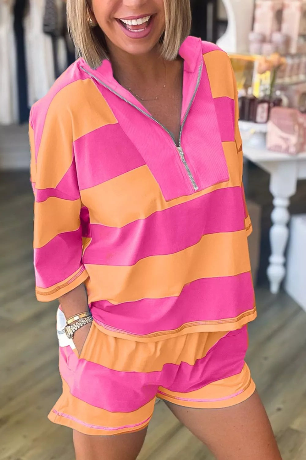 Stripe Long Sleeve Casual Top Drawstring Shorts Set Simmer & Fay