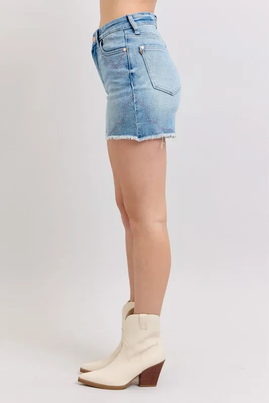 High Waist Western Embroidery Detail Cut Off Denim Shorts Judy Blue