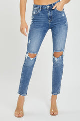 High Rise Medium Wash Knee Distressed Skinny Jeans Risen Medium 0(24) 