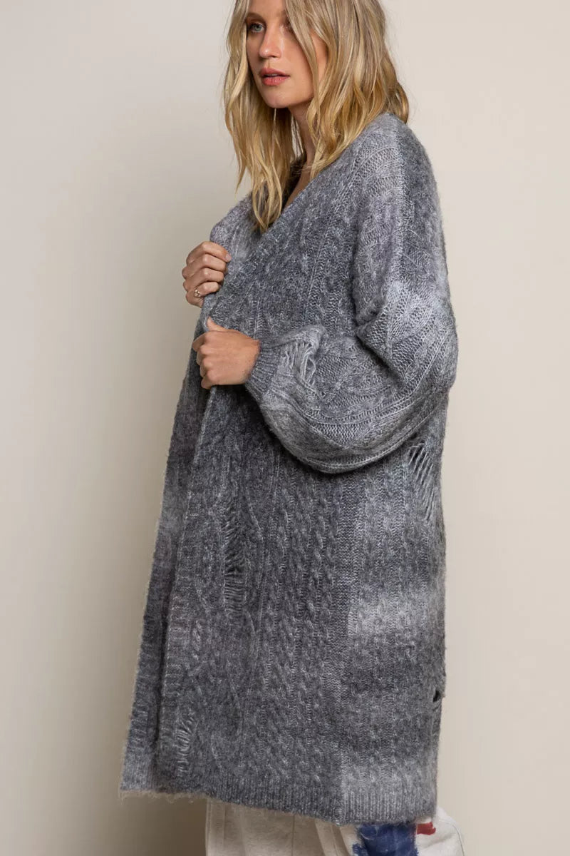 Distressed Cable-Knit Ombre Dying Cardigan POL