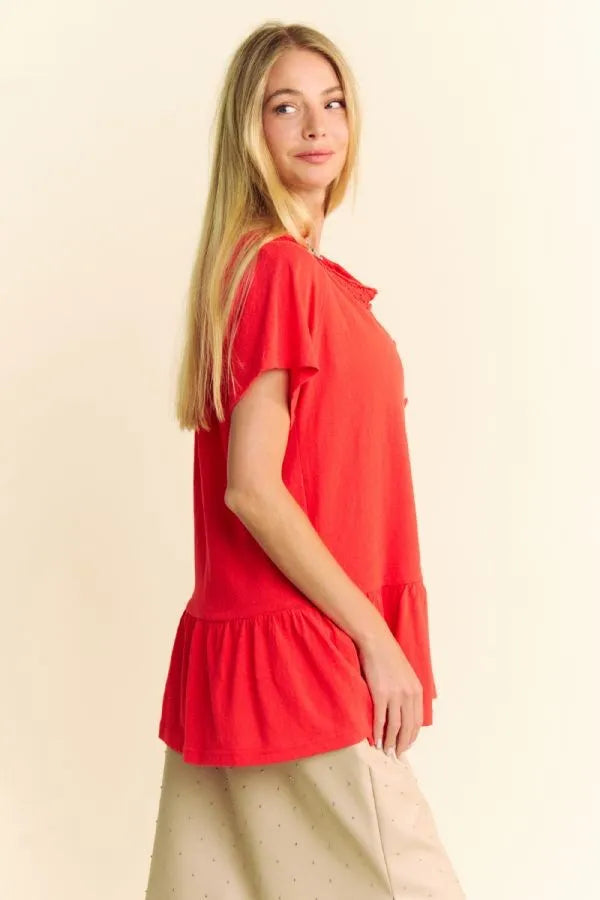 Solid Lace Trim Neck Short Sleeve Peplum Top Davi & Dani