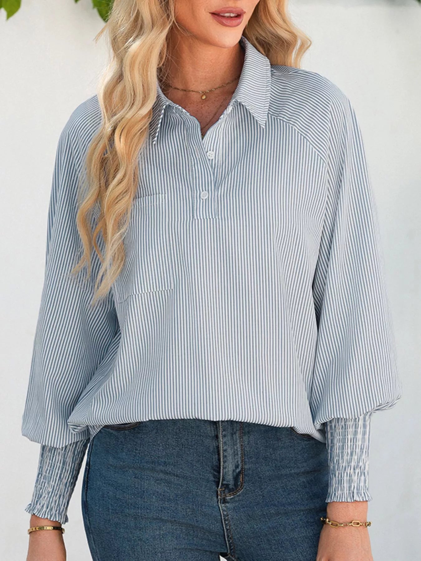 Pinstripe Long Sleeve Smocked Cuffs Button Shirt Collar Blouse Simmer & Fay