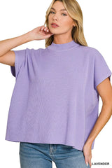 Viscose Mock Neck Short Sleeve Boxy Sweater ZENANA LAVENDER S