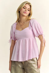 Solid Elastic Peplum Puffed Sleeves Blouse Davi & Dani
