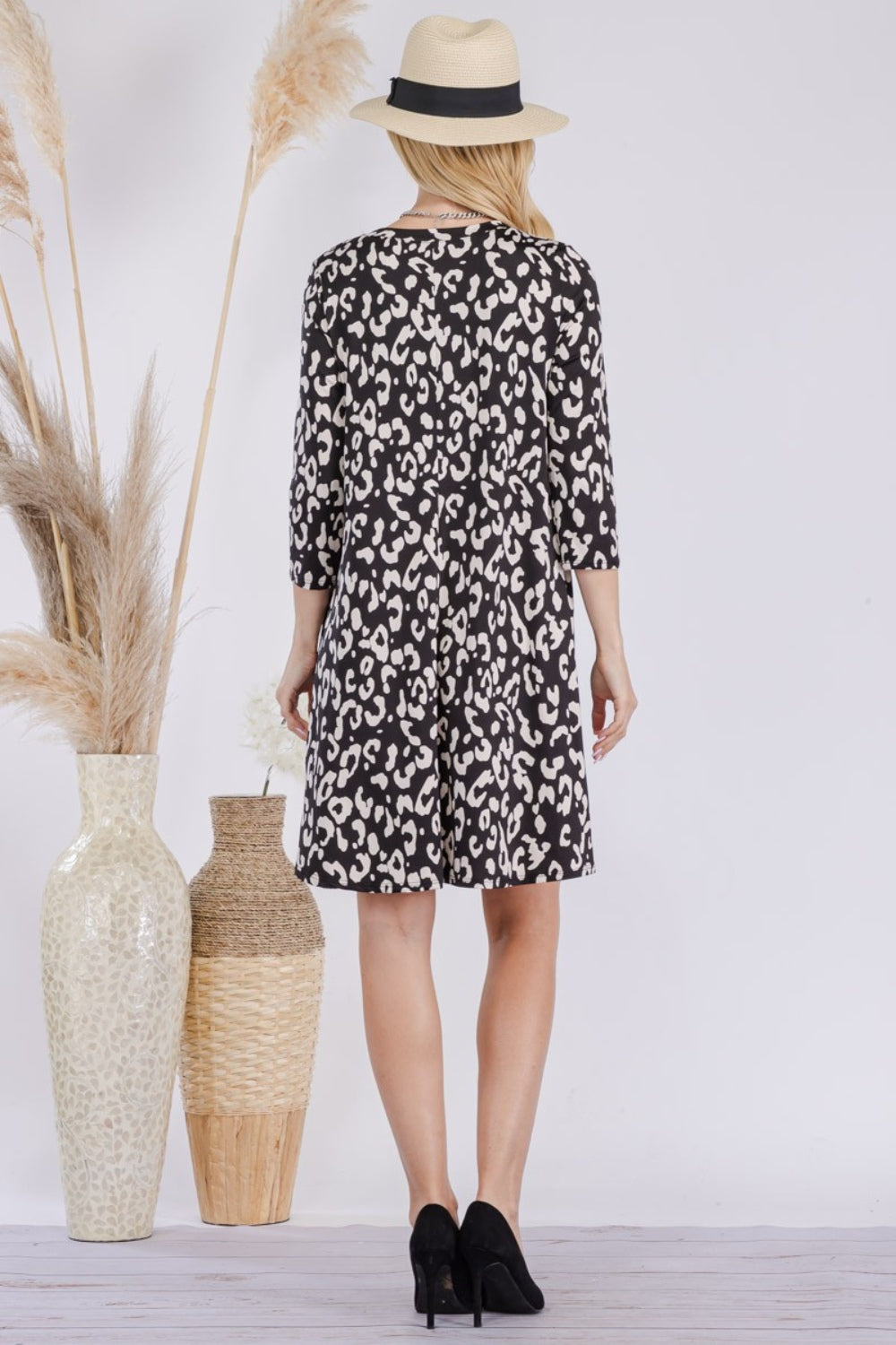 Leopard Print Three-Quarter Sleeve Dress with Pockets Celeste   