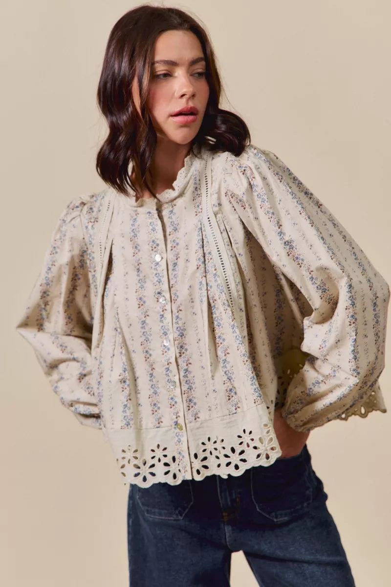 Floral Print Lace Button Down Shirt So Me