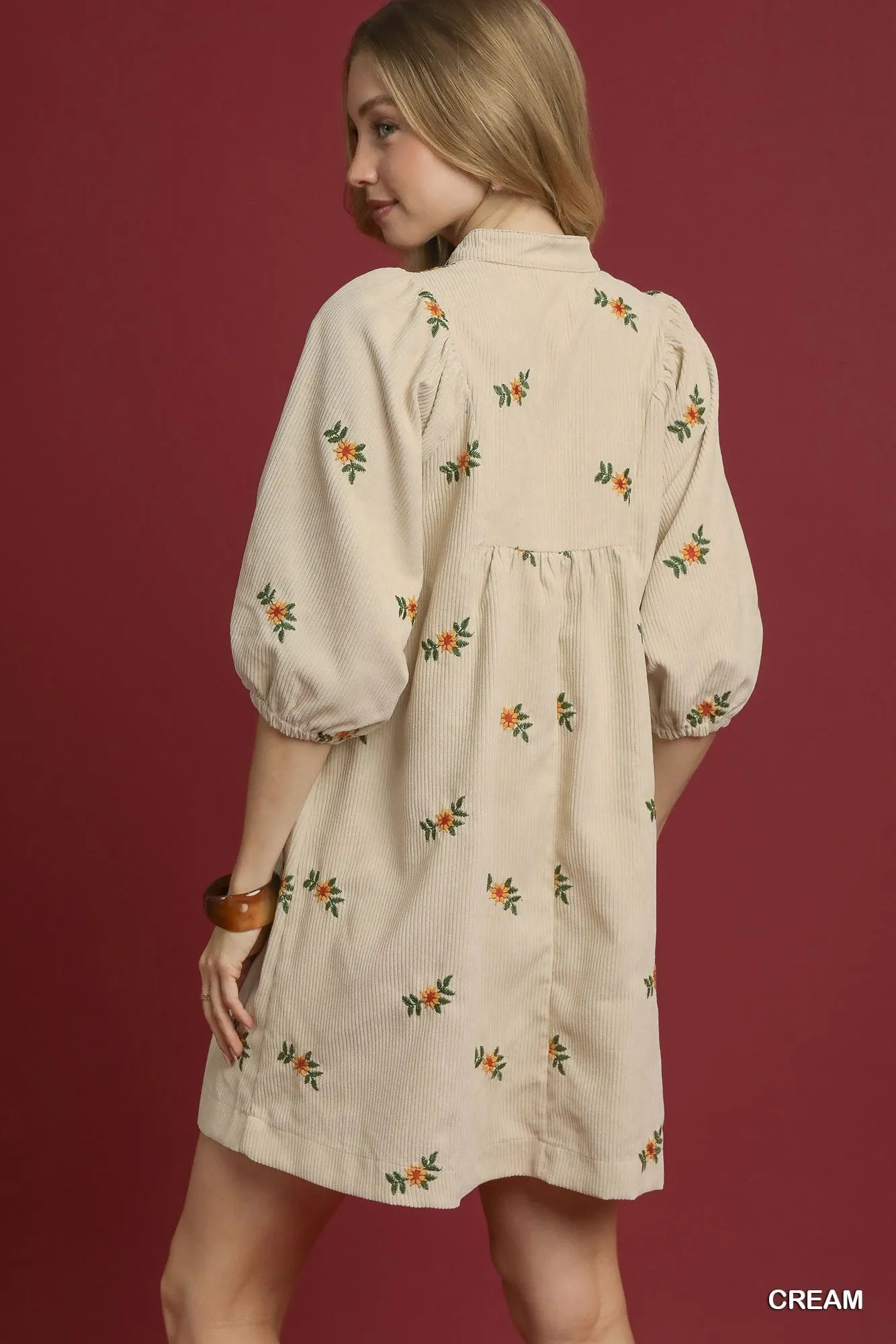 Umgee Corduroy Babydoll Dress with Floral Embroidery Trendsi
