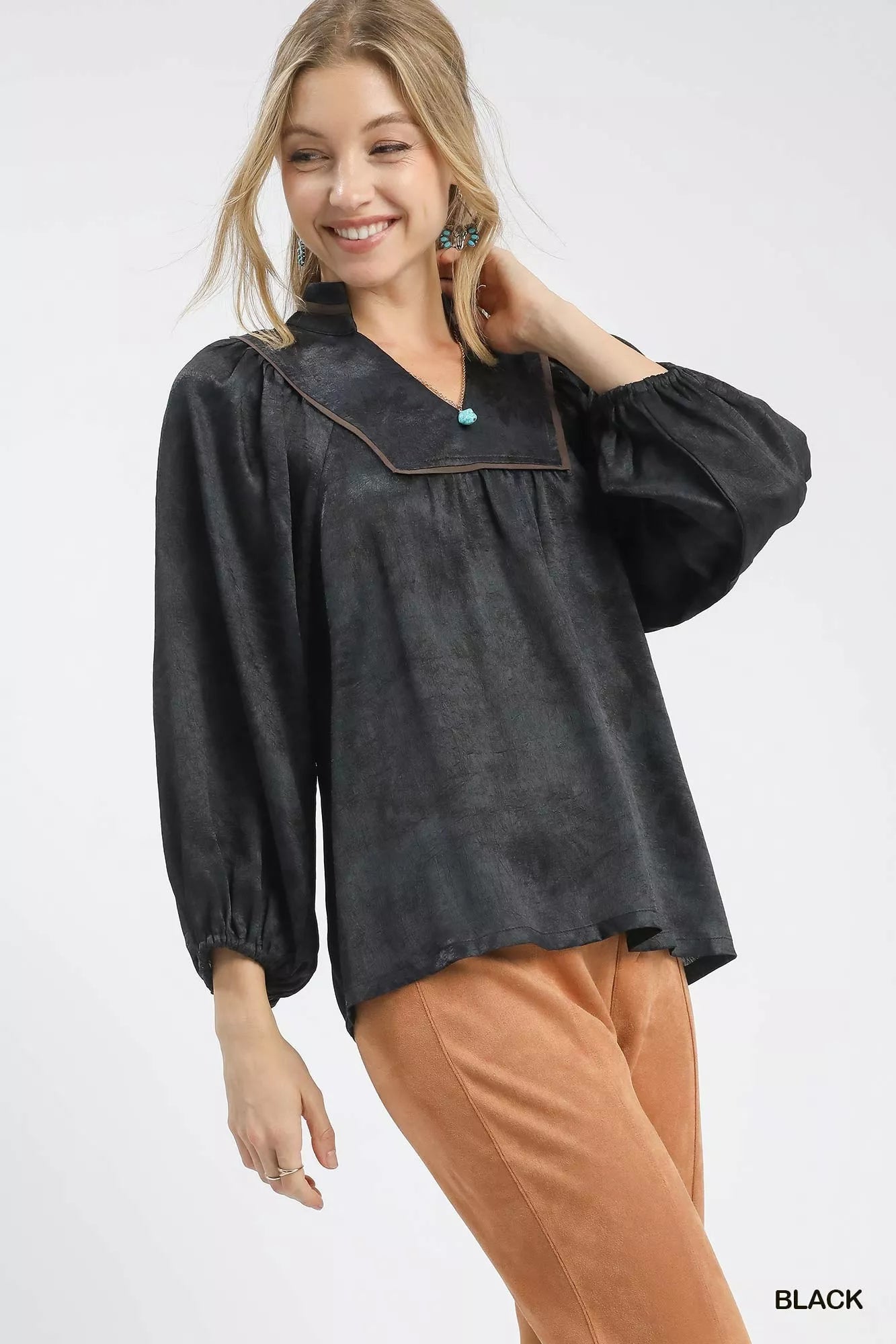 Crinkle Brocade Long Sleeve Blouse Umgee