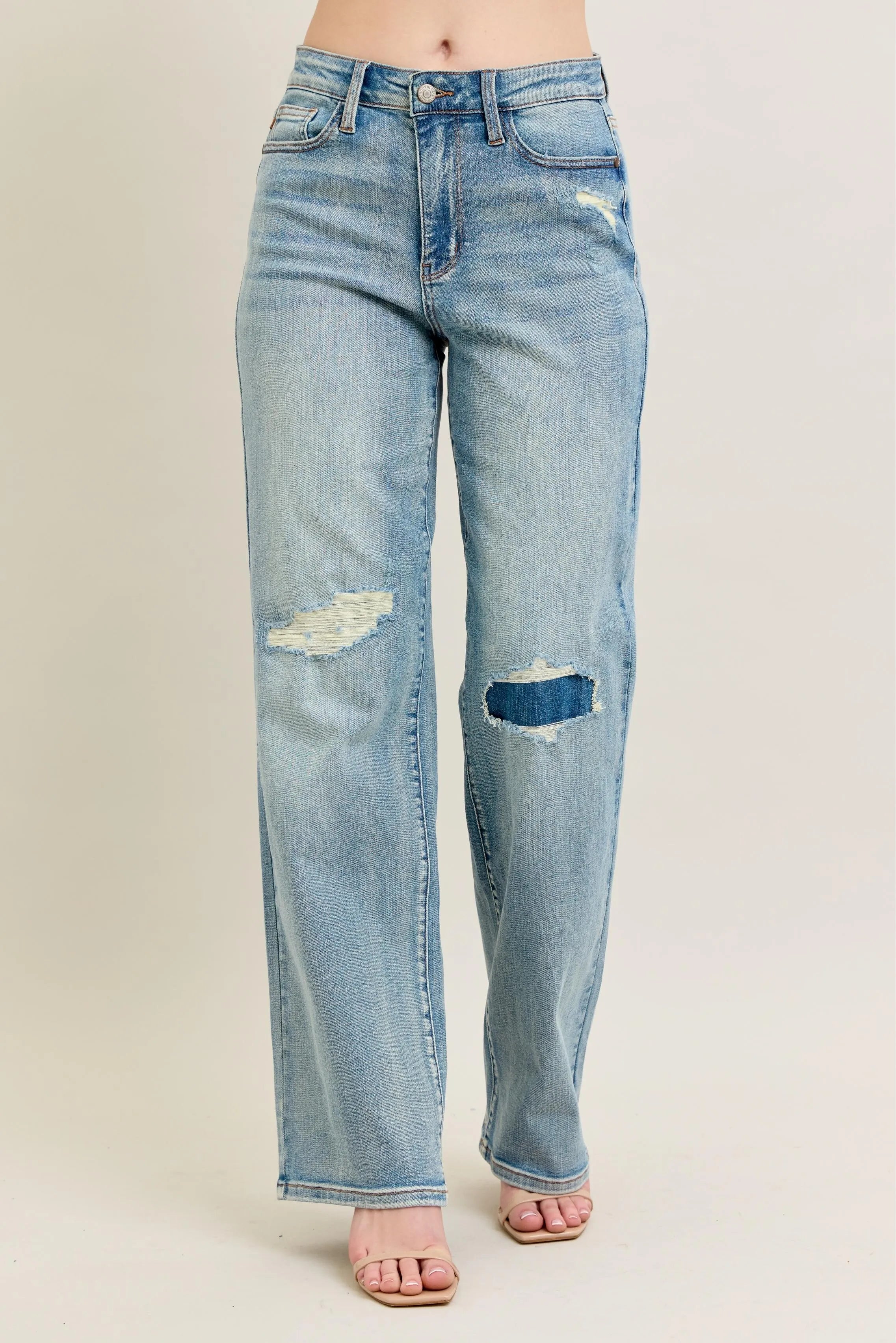 High Waisted Destroy & Knee Patch Straight Jeans With Plus Size Judy Blue