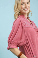 Lace Yoke Tiered Mini Dress Umgee