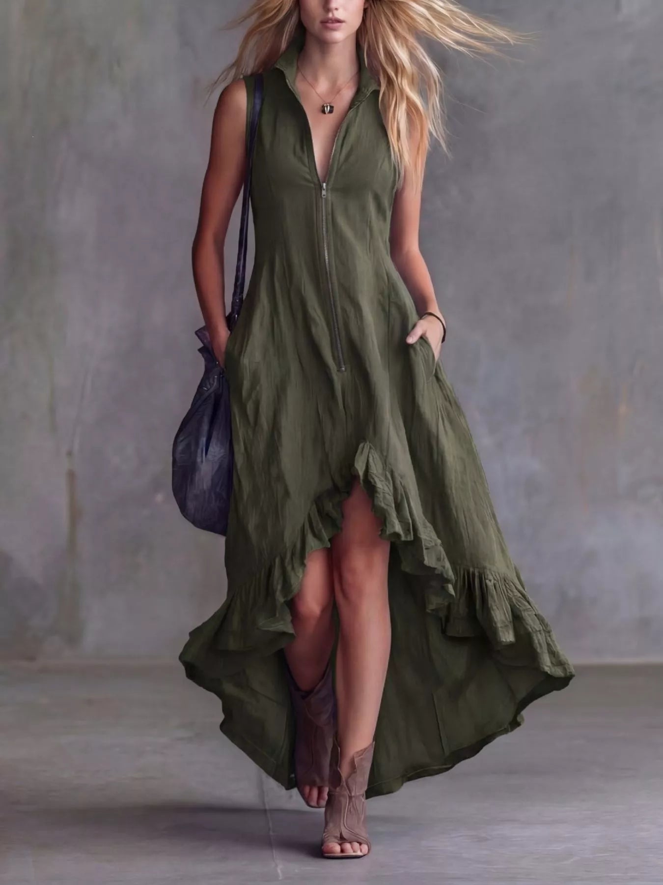 Full Size High-Low Ruffled Zip Front Dress Plus Size Simmer & Fay Army Green S