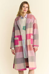 Tied Color Block Collared Neck Coat Davi & Dani Hot Pink Multicolor S