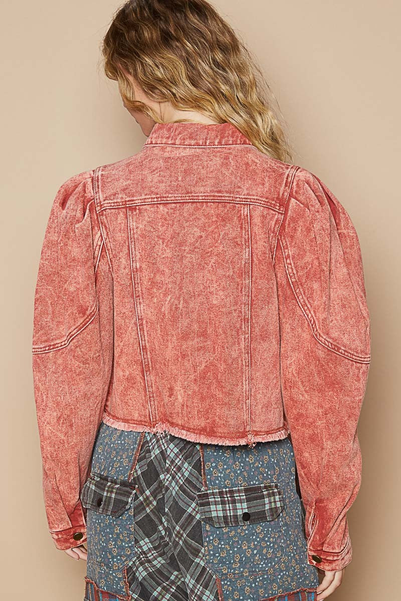 Raw Hem Button Up Cropped Denim Jacket POL   