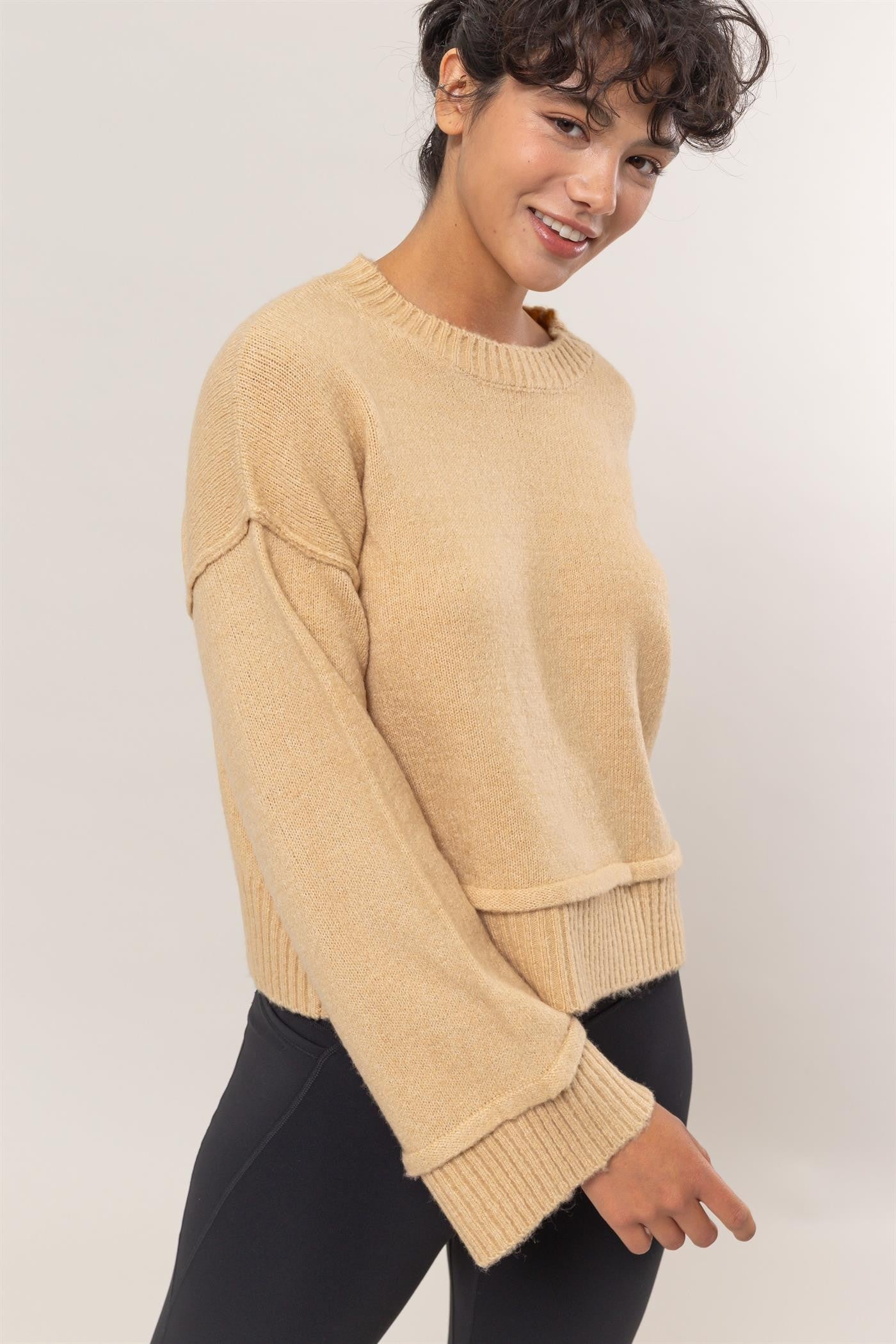 Round Neck Dropped Shoulder Ribbed Sweater HYFVE   