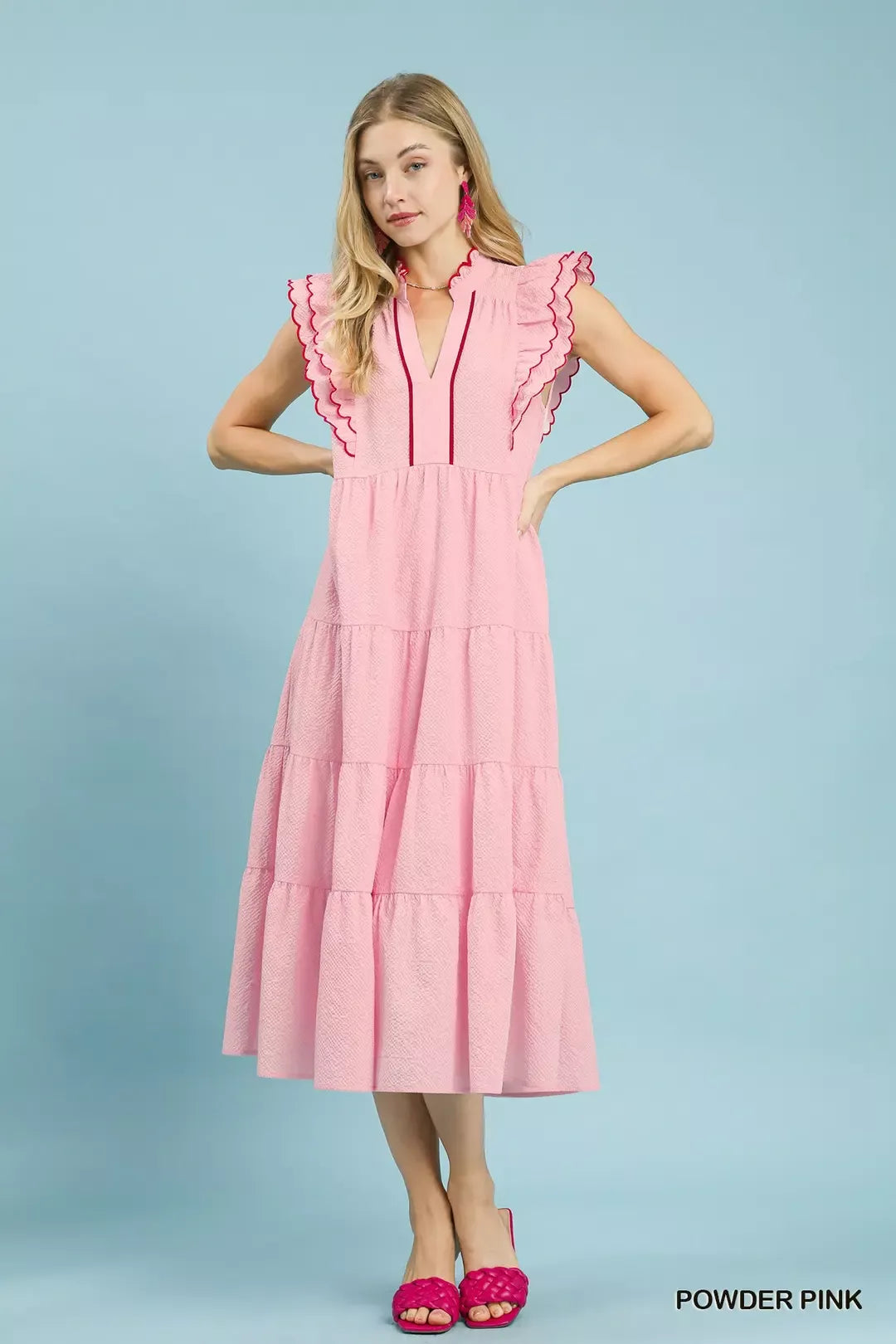 Seersucker Ruffle Sleeve Tiered Midi Dress Umgee