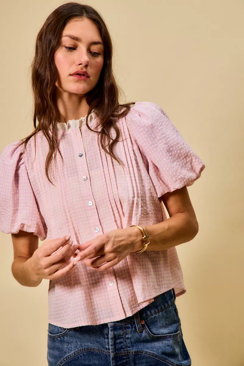Gingham Lace Trim Button Bubble Sleeves Blouse So Me