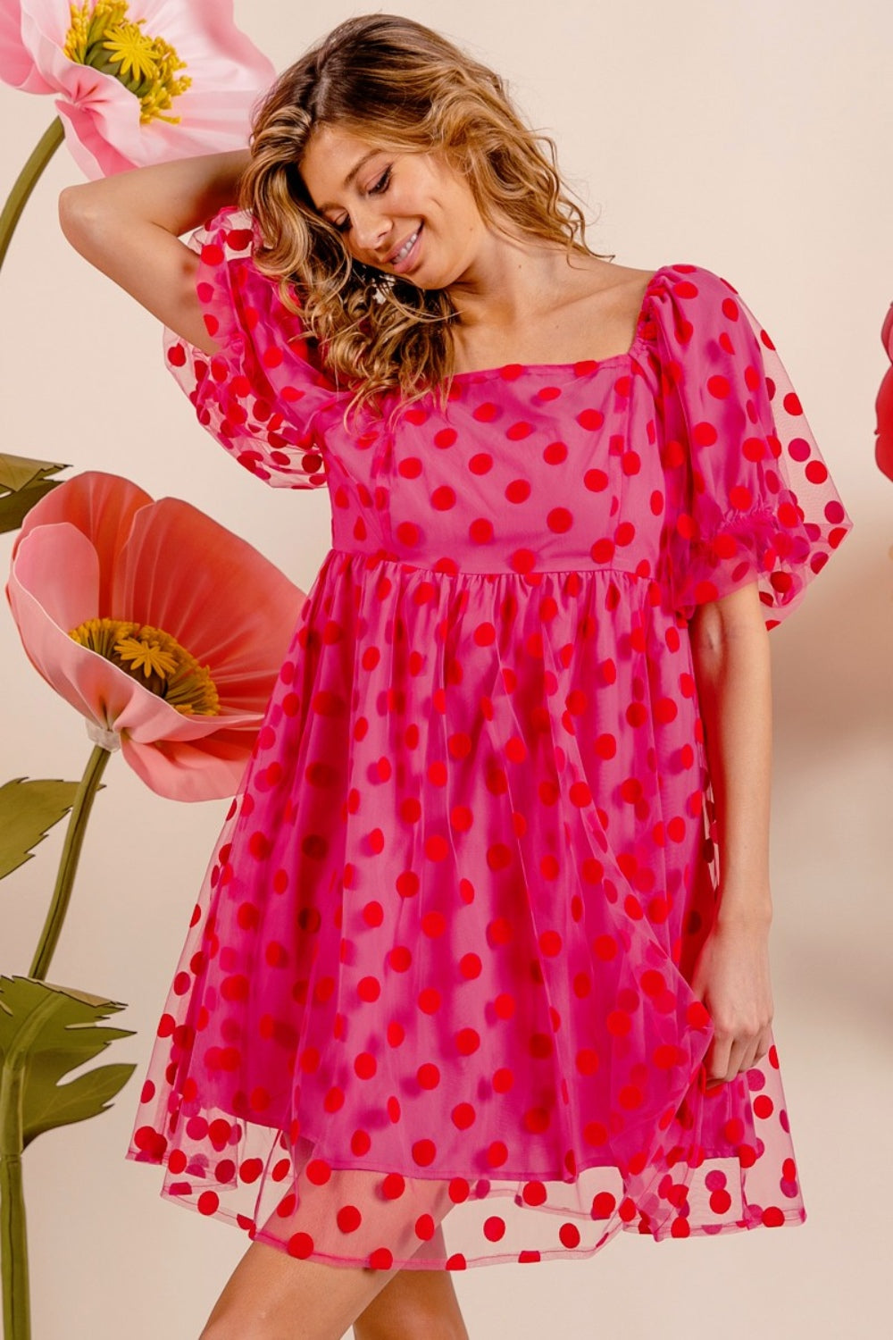 Polka Dot Mesh Puff Sleeve Dress BiBi   