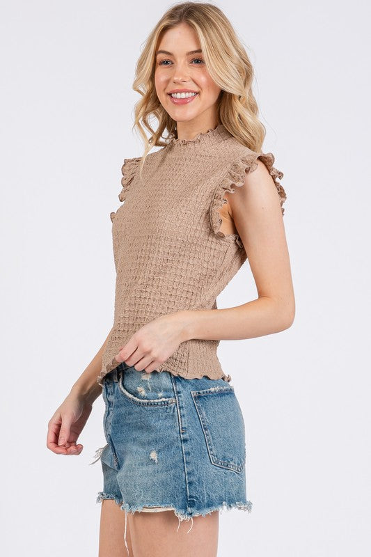 Textured Mock Neck Ruffle Cap Sleeve Blouse Ces Femme