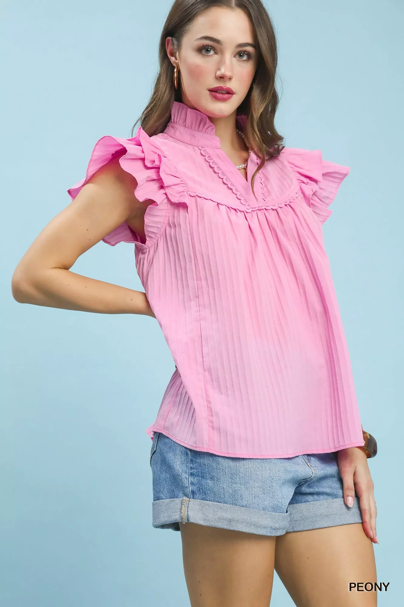 Ruffle Sleeve Textured Babydoll Blouse Umgee