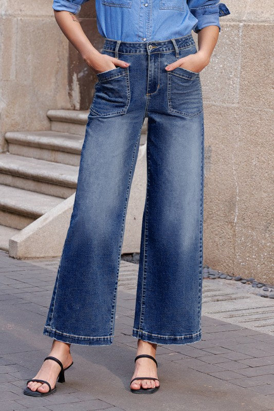 Denim High Waist Patch Pocket Straight Leg Jeans JUNIPER BLVD