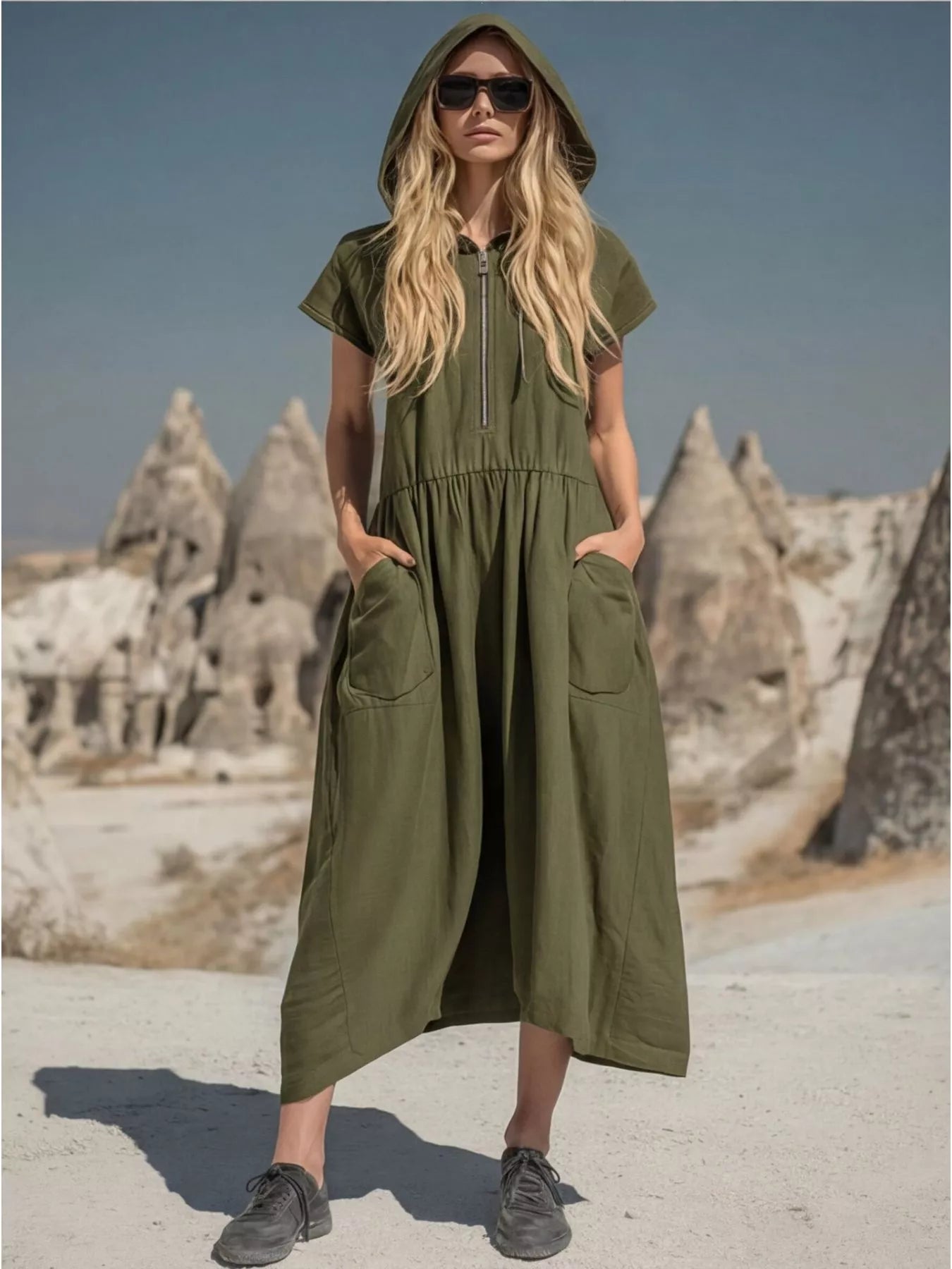Hooded Midi Dress with Half‑Zip & Pockets – Relaxed Fit (Regular + Plus) Simmer & Fay Army Green S