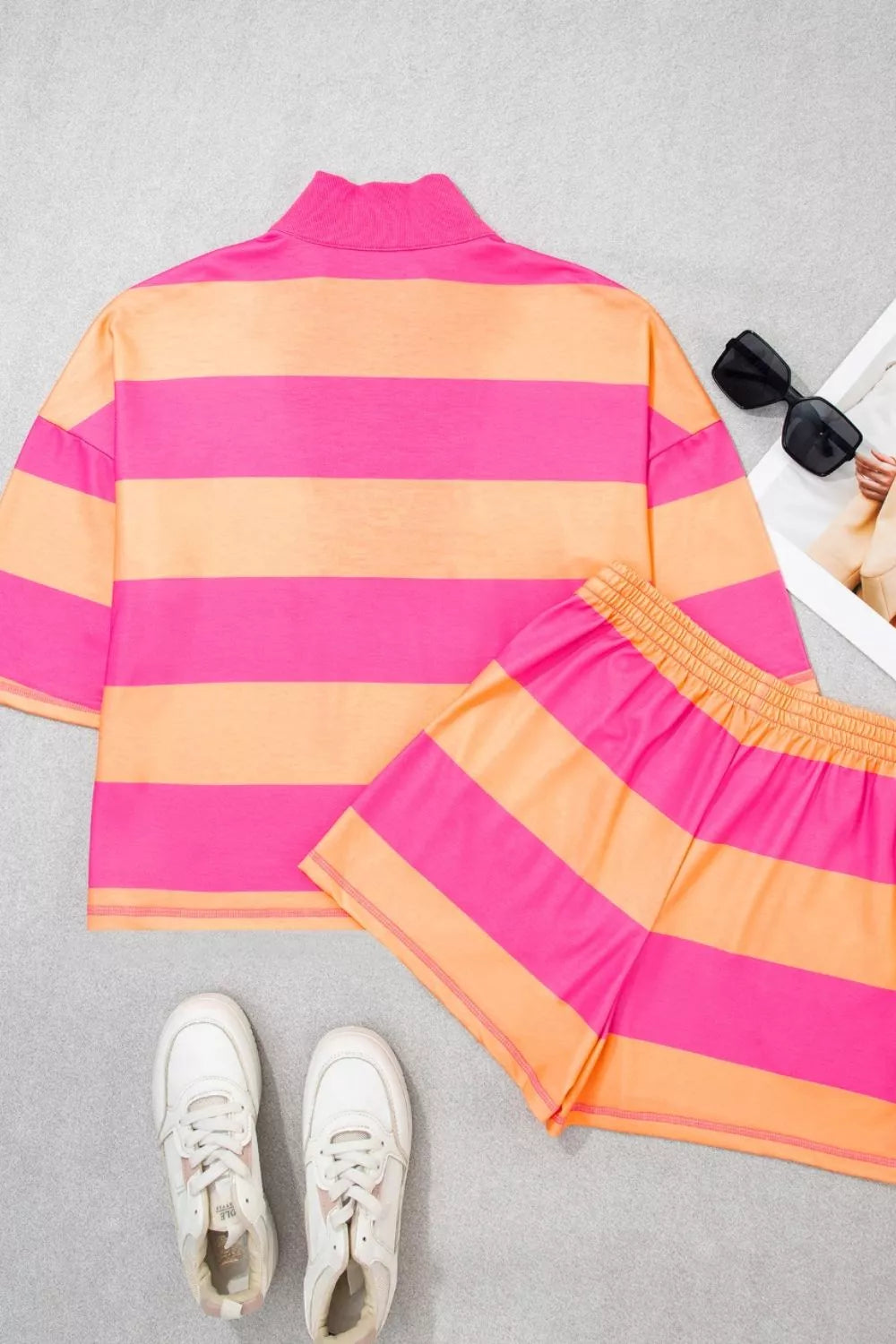 Stripe Long Sleeve Casual Top Drawstring Shorts Set Simmer & Fay