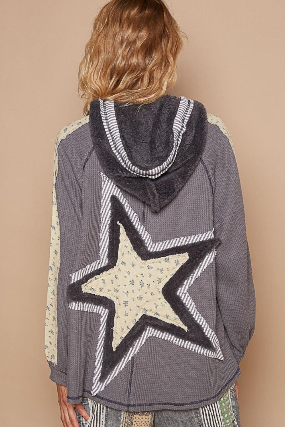 Half Zip Up Fleece Mix Back Star Patch Hoodie POL   