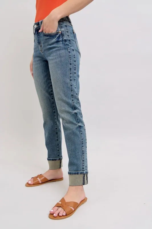 Mid Rise Vintage Wash Double Roll Cuff Boyfriend Jeans with Plus Size Judy Blue