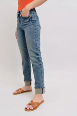 Mid Rise Vintage Wash Double Roll Cuff Boyfriend Jeans with Plus Size Judy Blue