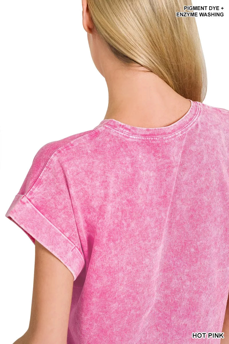 Halo Washed Cotton Cuffed Short Sleeve Top ZENANA