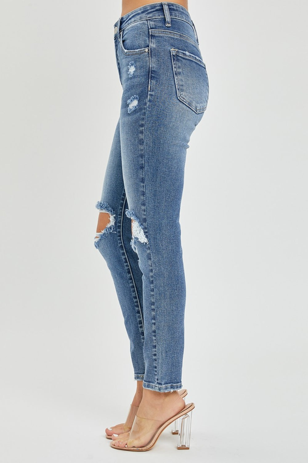 High Rise Medium Wash Knee Distressed Skinny Jeans Risen   