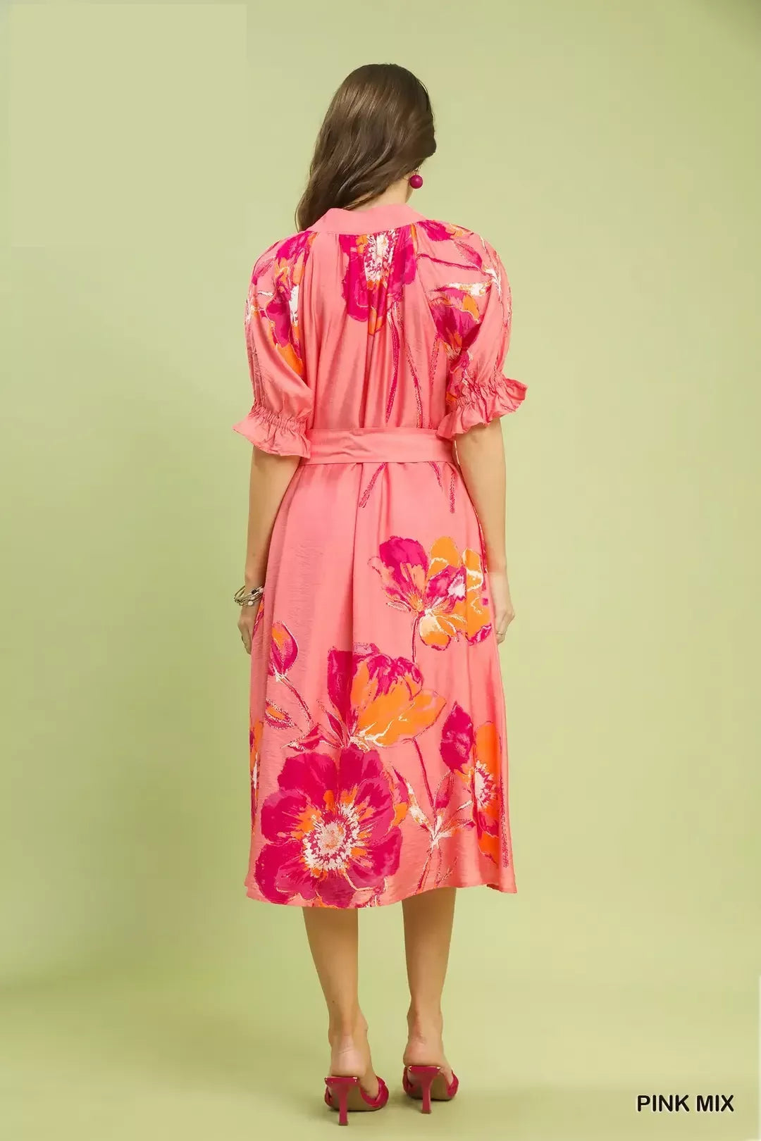 Floral Flounce Sleeve Midi Dress with Belted Umgee