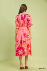 Floral Flounce Sleeve Midi Dress with Belted Umgee