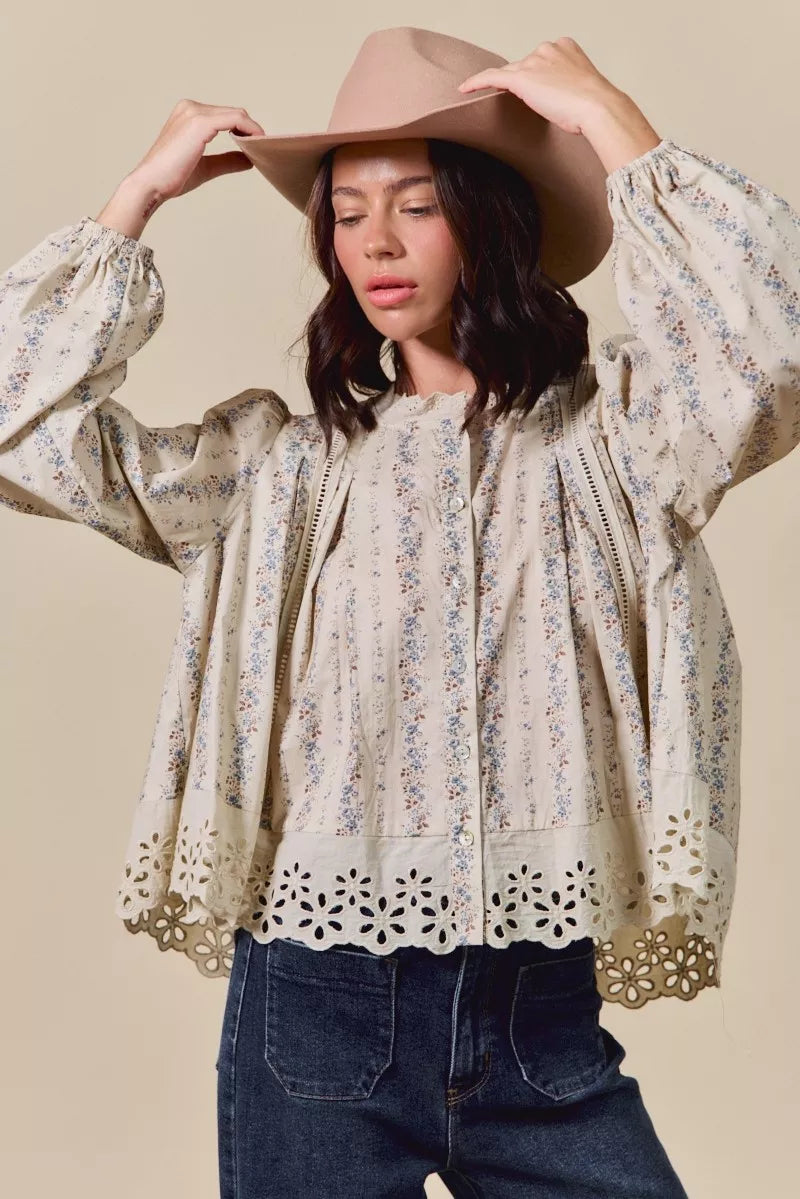 Floral Print Lace Button Down Shirt So Me