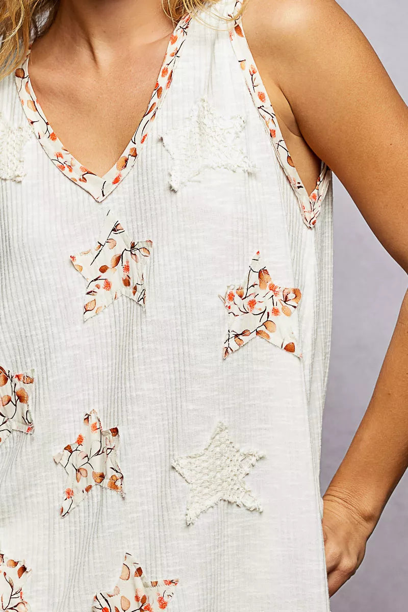 Floral Print Star Patch V-Neck Ribbed Tank POL
