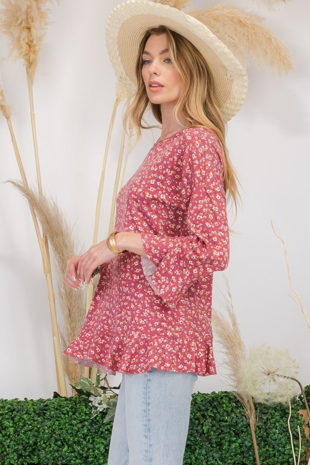 Long Sleeve Floral Ruffle Detail Tiered Top Celeste   