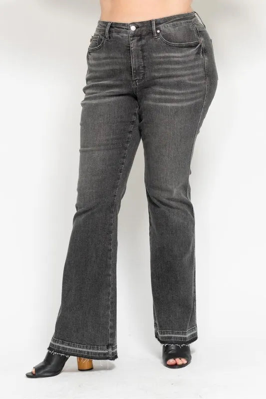 Mid Rise Tummy Control Washed Gray Release Hem Flare Jeans Judy Blue