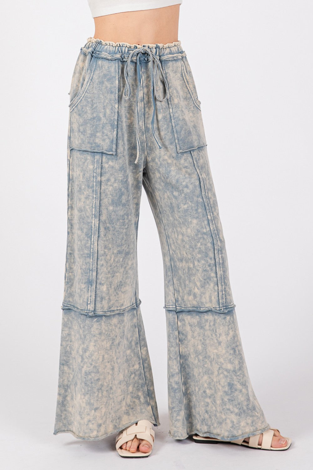 Mineral Washed Terry Wide Leg Pants Sage + Fig Slate Blue S 