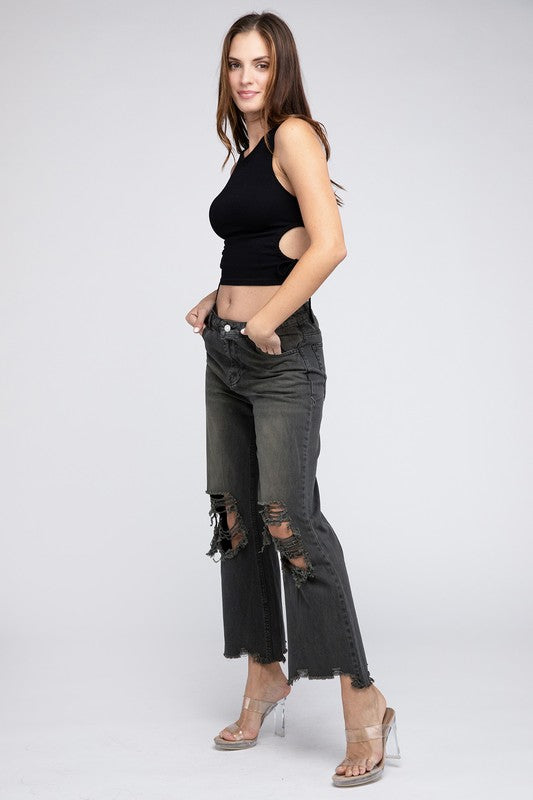 Distressed Vintage Washed Wide Leg Pants BiBi   