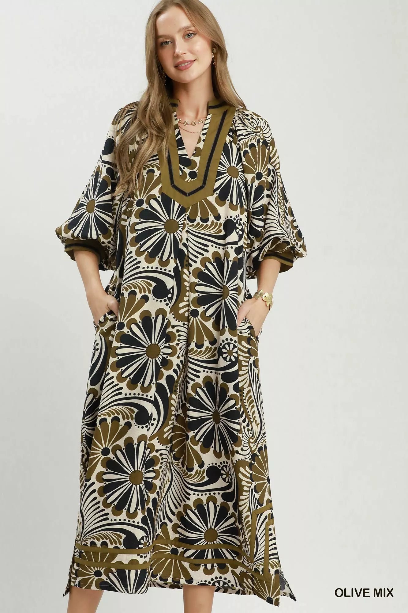Abstract Floral Print Relaxed Midi Dress Umgee OLIVE MIX S